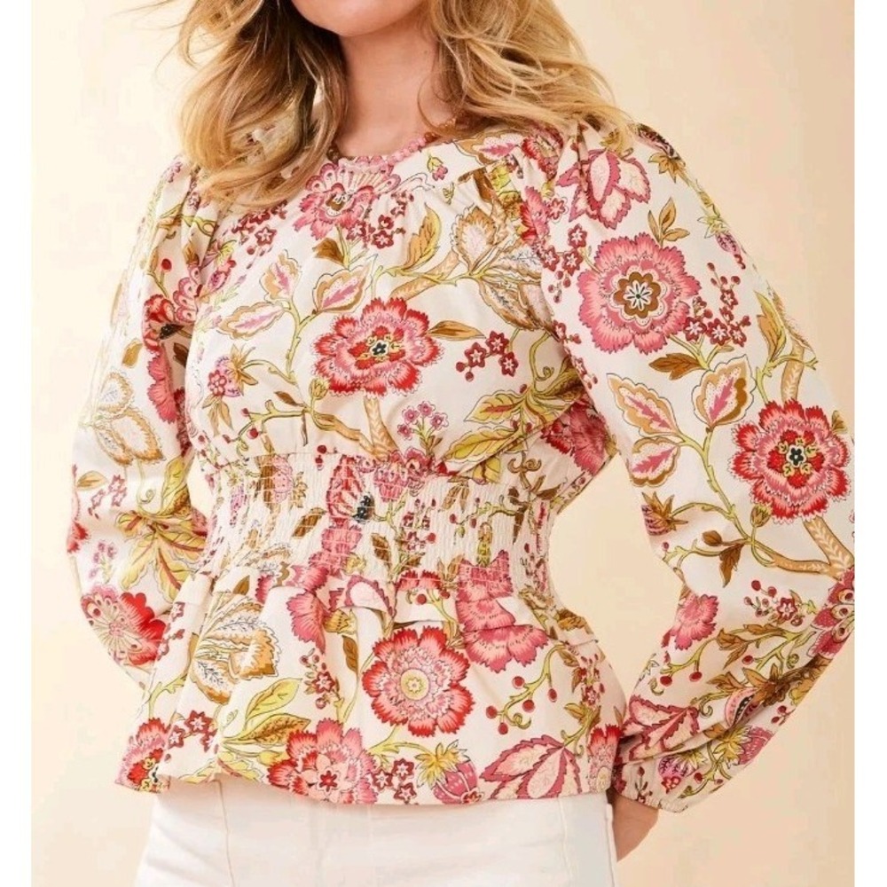 Spartina June Peplum Callawassie Jacobean Peasant‎ Blouse Floral L Cottagecore